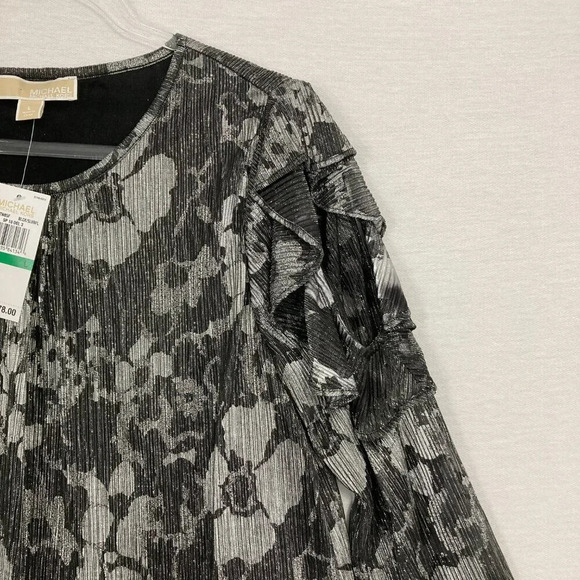 New Michael Michael Kors Gray White Floral Metallic Round Neck Ruffle Top Large - Picture 3 of 9